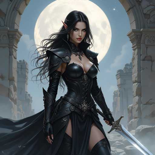 The image depicts a woman dressed in medieval-style armor and holding a sword with her right hand while standing in front of an archway. The background features a large full moon and stone buildings, creating a sense of mystery and intrigue.