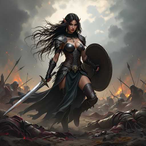 The image depicts a striking, computer-generated female warrior with long, flowing black hair and pointed ears, suggesting she might be an elf. She is clad in intricate, dark gray and black armor that includes a chest plate, shoulder plates, and a skirt-like garment. Her ensemble is completed with black gloves, a necklace, and a belt. In her right hand, she wields a sword, while her left hand grips a large, round shield. The warrior stands poised on a battlefield, with numerous fallen soldiers surrounding her, their bodies clad in armor. The background is filled with dark, ominous clouds and the glow of distant fires, adding to the dramatic and intense atmosphere of the scene.