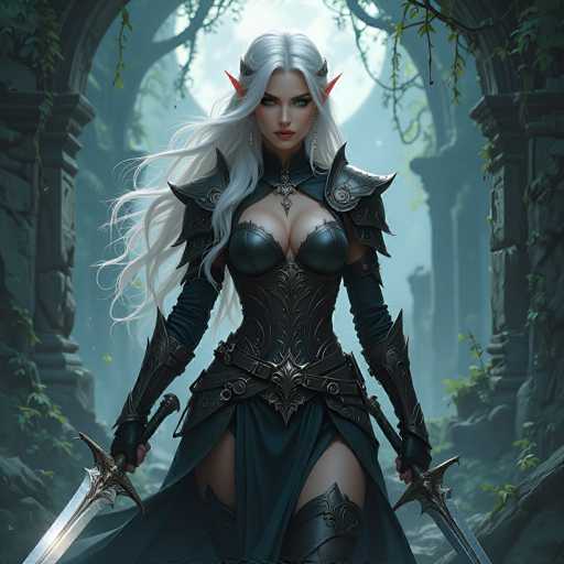 This image depicts a highly detailed, computer-generated fantasy character of a female elf warrior. She stands confidently in a lush, forested area, framed by a grand stone archway adorned with vines and leaves. The elf has long, flowing white hair cascading down to her waist, with pointed ears that enhance her otherworldly appearance. Her striking blue eyes and red lips add to her captivating presence. She is clad in intricate black leather armor, complete with a chest plate, shoulder pads, and a skirt that reveals her thighs. Her ensemble is further enhanced by a belt with a prominent buckle and metal shin guards. She wields two silver swords, one in each hand, with additional swords strapped to her back. The scene is set under a large, glowing moon, adding a mystical ambiance to the image.