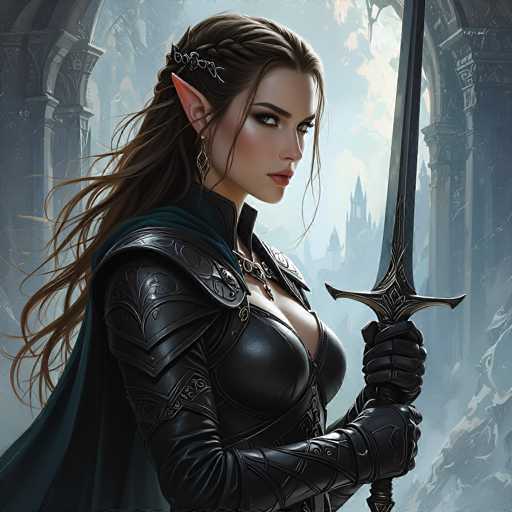 The image depicts a highly detailed, computer-generated fantasy character of a female elf warrior. She has long, flowing brown hair adorned with a silver circlet that secures a braid at the front. Her pointed, triangular ears are pink, and she wears a gold earring. Her striking green eyes are accentuated with heavy eye makeup, and her lips are painted a vivid red. She is dressed in a form-fitting black leather bodysuit with intricate silver metal accents, including shoulder pads and a chest plate. Over her shoulders, she wears a dark green or black cape that adds to her imposing presence. In her gloved hands, she holds a large sword with a black and silver handle, its blade extending beyond the top of the image. The background features a grand, ornate stone archway with intricate carvings, leading to a distant, foggy cityscape with tall spires and towers. The overall scene exudes a sense of epic adventure and fantasy.