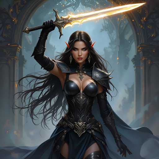 This image depicts a striking fantasy character, possibly from a video game or a movie. The central figure is a woman with long, flowing black hair that cascades down to her waist. She has distinctive pointed ears, reminiscent of an elf, and wears a black leather outfit adorned with intricate gold accents. Her attire includes a corset-like top, a cape, and long gloves that extend to her elbows. She also sports a necklace with a pendant that rests just above her chest. The woman is holding a large, glowing sword with a black handle and a golden hilt, raised above her head. Her eyes are a captivating blue, and she wears red lipstick, adding to her fierce and determined expression. The background features a grand, ornate archway with intricate carvings, adding to the mystical and epic atmosphere of the scene.