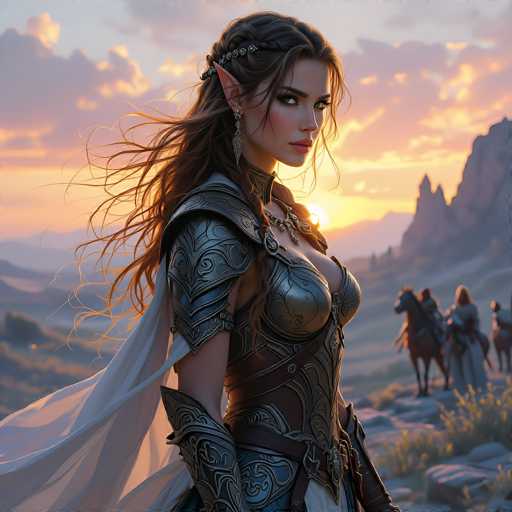 The image depicts a highly detailed, computer-generated scene of a female elf warrior standing in a rugged, mountainous landscape. The elf has long, flowing brown hair adorned with a silver chain and is wearing intricate, metallic armor that includes a breastplate, shoulder plates, and bracers. A white cape billows behind her, adding to her majestic appearance. She has pointed ears, a silver earring, and striking blue eyes. The elf is gazing over her shoulder, exuding a sense of vigilance. The background features a dramatic sunset with a sky painted in hues of orange, pink, and purple, casting a warm glow over the scene. To the right, there are three figures on horseback, possibly soldiers, with one figure in a white robe and another in a brown robe. The rocky terrain and distant mountains complete the picturesque setting, enhancing the epic and fantastical atmosphere of the image.