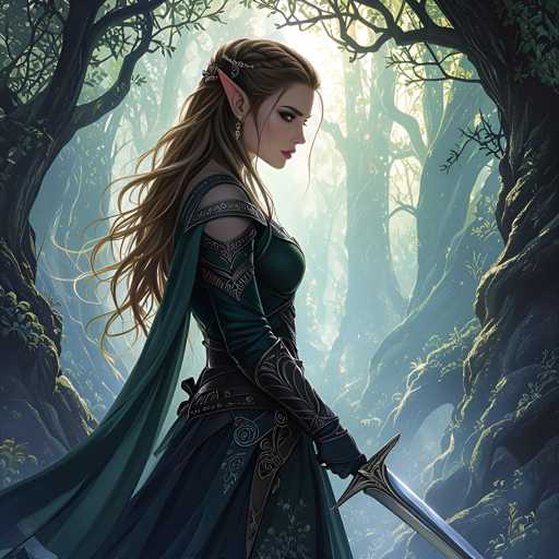 A woman with long brown hair and a green dress stands in front of trees in a forest, holding a sword and wearing earrings.