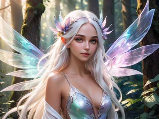 This image portrays a highly detailed, computer-generated or AI-generated fantasy character of a young fairy woman. She has long, flowing white hair adorned with delicate purple and blue butterfly wings. Her striking green eyes and pointed ears enhance her ethereal appearance. She wears a shimmering silver dress with intricate gold leaf patterns and a deep V-neckline, complemented by a sheer white shawl draped over her shoulders. Her fairy wings are a mesmerizing blend of purple, blue, and pink hues, adding to her magical aura. The background features a serene forest setting with tall trees, green leaves, and sunlight filtering through the canopy, creating a mystical atmosphere. The fairy gazes directly at the viewer, exuding an air of enchantment and grace.