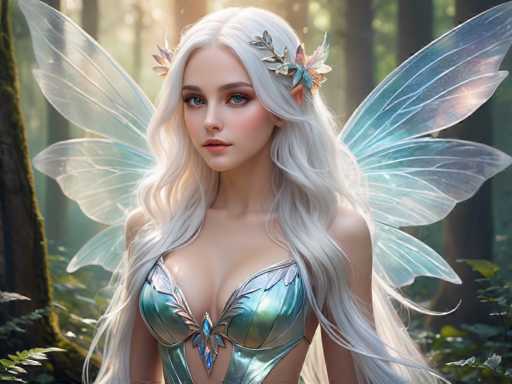 This image depicts a highly detailed, computer-generated fairy with long, wavy white hair cascading down to her waist. She has striking blue eyes and is adorned with a delicate floral crown made of leaves and flowers. Her attire is a shimmering, metallic blue top that resembles a bra, complete with intricate leaf and flower designs. The fairy's wings are a translucent blue, adding to her ethereal appearance. She stands in a lush, green forest, surrounded by trees and ferns, with sunlight filtering through the canopy, casting a warm glow on her serene face. The fairy appears to be gazing slightly to the left, exuding a sense of tranquility and otherworldly beauty.
