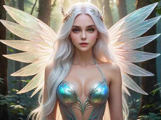 The image depicts a highly detailed, computer-generated or AI-generated fantasy scene featuring a young woman with long, flowing white hair. She stands in the center of a sunlit forest, framed by tall trees and lush greenery. Her hair cascades down to her waist, with some strands draped over her shoulders and the rest flowing behind her. She has striking grayish-blue eyes and wears a delicate, leaf-like silver headband adorned with small flowers.

Her attire is a shimmering, metallic blue and green top that resembles a bra, with intricate leaf patterns and a single strap over her left shoulder. The top is low-cut, revealing a hint of cleavage. She also has large, translucent white wings with a slight greenish tint, extending from her back and catching the sunlight, giving them a glowing appearance.

The overall scene is bathed in warm sunlight, which enhances the ethereal and magical atmosphere, making it appear as though she is a fairy or a character from a fantasy realm.