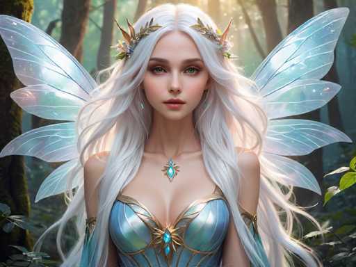 This image portrays a highly detailed, computer-generated fantasy character of a young fairy princess with long, flowing white hair that cascades down to her waist. She has striking green eyes and a delicate, fair complexion. Adorning her head is a golden crown embellished with flowers and leaves, adding to her ethereal appearance. Her attire is a stunning blue dress with intricate gold accents, featuring a bustier-style top and a corset-like bodice. The dress is further embellished with blue jewels, including a prominent teardrop-shaped jewel at the center of her chest and another on her necklace. She also has four pairs of translucent, light blue wings extending from her back. The background depicts a serene forest scene with sunlight filtering through the trees, casting a warm glow on her hair and enhancing the magical atmosphere of the image.