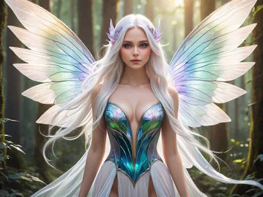 This image portrays a highly detailed, computer-generated fantasy character of a young woman with long, flowing white hair that cascades down to her waist. She has striking blue eyes and a serene expression, with her lips painted a soft pink. Her attire is a stunning, metallic blue and green dress that resembles a leafy or scale-like pattern, accentuated with gold trim. The dress features a deep neckline that reveals some cleavage and a high slit up the middle, adding to its ethereal appeal. Adorning her head are delicate purple flowers, and emerging from her back are majestic, translucent wings with a gradient of white, blue, and purple hues. The background sets the scene in a lush, sunlit forest, with sunlight filtering through the trees, casting a magical glow on the character. The overall composition exudes a sense of otherworldly beauty and tranquility.