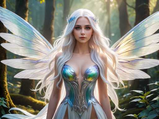 In this captivating image, a young woman with long, flowing white hair stands gracefully in a sunlit forest. Her hair cascades down her back, framing her face, which is adorned with subtle makeup that enhances her natural beauty. She wears an intricate, metallic dress that shimmers with shades of blue, green, and yellow, accentuated by delicate leaf-like details. Her attire is complemented by a pair of ethereal, translucent wings that extend from her back, shimmering with hues of blue and purple. The wings are positioned close to her body, adding to her mystical appearance. She stands confidently, gazing directly at the camera, embodying a serene and enchanting presence in this magical woodland setting.