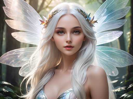 The image depicts a highly detailed, computer-generated or AI-generated fantasy scene featuring a young fairy-like woman with long, flowing white hair. She has striking blue eyes and is adorned with a delicate floral crown made of green leaves and small orange flowers. Her ethereal wings, which are translucent with a subtle blue tint, extend gracefully from her back. The fairy is dressed in a shimmering silver top that complements her wings. She stands in a lush forest setting, surrounded by tall trees and dense foliage, with sunlight filtering through the canopy, casting a magical glow on her figure. The overall composition exudes a sense of enchantment and otherworldly beauty.