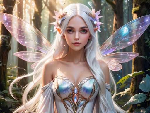 The image depicts a highly detailed, computer-generated fantasy scene featuring a young fairy-like woman with long, flowing white hair. She has striking blue eyes and is adorned with a crown of pink flowers and leaves. Her attire is a shimmering silver dress with intricate gold accents, including a central gemstone that extends into a V-shape between her breasts. She also wears white sleeves that drape off her shoulders. The fairy has delicate, translucent wings with a purplish hue and gold veins, adding to her ethereal appearance. She stands in a lush forest setting, surrounded by tall trees with green leaves and brown trunks. Sunlight filters through the canopy, casting a warm glow on her face and hair, enhancing the magical atmosphere of the scene.
