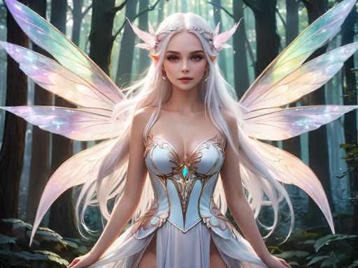 The image depicts a highly detailed, computer-generated fantasy character of a young, ethereal fairy-like woman. She has long, flowing white hair that cascades down to her waist, with a delicate headband adorned with pink flowers and leaves. Her pointed ears peek out from her hair, adding to her mystical appearance. She has striking blue eyes and pink lips, and her skin is very pale.

The fairy is dressed in a form-fitting, light blue bodice with intricate gold trim and a turquoise gem at the center. The bodice is low-cut, revealing a hint of cleavage, and transitions into a long, flowing white skirt. She also has six pairs of iridescent wings, shimmering with hues of purple, blue, pink, and yellow, extending gracefully from her back.

She stands in a serene forest setting, surrounded by tall trees with green leaves and a carpet of green grass. The background is slightly blurred, emphasizing the fairy as the focal point of the image. The overall scene exudes a magical and enchanting atmosphere, capturing the essence of a fairy princess in her natural, mystical habitat.