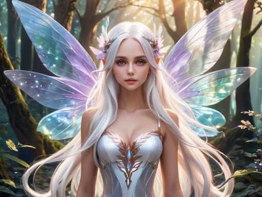 This image depicts a highly detailed, computer-generated fairy with long, flowing white hair that cascades down to her waist. She has striking blue eyes and a delicate face adorned with a silver tiara featuring feathers and flowers. Her pointed ears peek out from beneath her hair, adding to her ethereal appearance. She wears a silver corset with intricate bronze and blue accents, including a prominent blue gem at the center. Her wings are a mesmerizing blend of purple, blue, and green hues, shimmering with a slight iridescence. The fairy stands in a lush, sunlit forest, surrounded by tall trees and vibrant greenery, with sunlight filtering through the canopy, casting a magical glow around her.