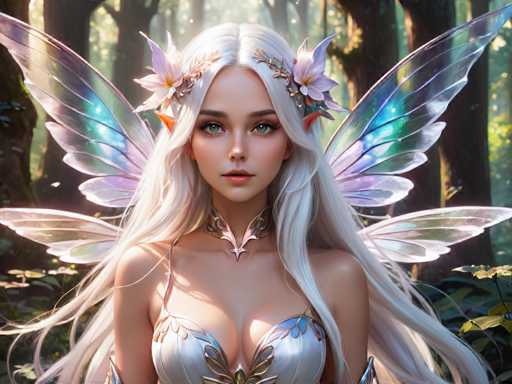 The image depicts a highly detailed, computer-generated fantasy character of a young woman with long, flowing white hair and striking blue eyes. She has pointed ears, reminiscent of an elf, and is adorned with a delicate floral crown made of pink flowers and gold leaves. Her attire includes a silver, leaf-patterned top that reveals her cleavage, and she wears a silver choker around her neck. She possesses four pairs of translucent, iridescent wings in shades of purple, blue, and pink, which extend from her back. The background features a lush forest with tall trees and green foliage, illuminated by sunlight filtering through the canopy, creating a serene and enchanting atmosphere.