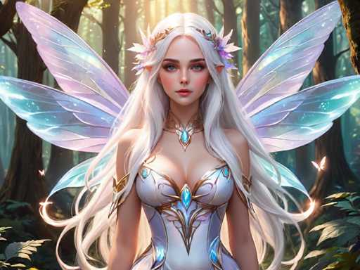 The image depicts a highly detailed, computer-generated fantasy character of a young woman with long, flowing white hair adorned with a gold crown and purple flowers. She has striking blue eyes, pink lips, and pointed ears, giving her an elf-like appearance. Her attire is a form-fitting, white dress with gold accents and blue gemstones, complemented by a choker necklace featuring a prominent blue jewel. She also wears gold armbands. The character has four pairs of translucent, iridescent wings in shades of purple, blue, and pink, with a glowing effect. She stands in a lush, green forest with sunlight filtering through the trees, creating a magical atmosphere. The scene is further enhanced by the presence of small butterflies around her, adding to the enchanting and ethereal quality of the image.