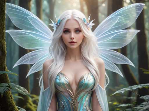 The image depicts a highly detailed, computer-generated or AI-generated fantasy scene featuring a young woman with long, flowing white hair that cascades down to her chest. She has striking blue eyes and is adorned with a delicate crown made of flowers and leaves. Her attire is a stunning blue dress embellished with intricate gold leaf patterns, and she wears sheer, gossamer sleeves that extend from her shoulders to her elbows. Large, translucent blue wings sprout from her back, adding to her ethereal appearance. The background is a lush, dense forest with tall trees, ferns, and moss-covered trunks, through which sunlight filters, creating a magical ambiance. The woman stands at the center of the image, gazing directly at the viewer, embodying the essence of a fairy or nature spirit.