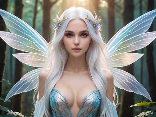 This image portrays a highly detailed, computer-generated or AI-generated fantasy scene featuring a young fairy-like woman. She has long, flowing white hair adorned with delicate flowers and a silver headband. Her striking blue eyes and pink lips add to her ethereal beauty. She is dressed in a shimmering, iridescent blue and green top that resembles leaves, with a low neckline that reveals her cleavage. Her arms are bare, and she has six translucent, iridescent wings—three on each side—shimmering with hues of blue, green, and purple. The background is a dark, dense forest with tall, thin tree trunks and a hint of sunlight filtering through the canopy, creating a mystical atmosphere. The fairy stands prominently in the center of the image, exuding an aura of enchantment and otherworldly grace.
