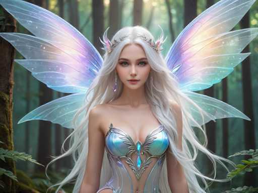 This image portrays a highly detailed, computer-generated or AI-generated fantasy scene featuring a young, ethereal fairy-like woman. She has long, flowing white hair that cascades down to her waist, with a delicate silver tiara adorned with feathers and flowers. Her striking blue eyes and pink lips add to her captivating appearance. She is dressed in a shimmering, metallic blue and silver outfit that resembles a bra and corset, complete with intricate leaf-like designs and a prominent blue jewel at the center. Large, translucent wings extend from her back, displaying a beautiful gradient of purple, blue, and green hues. The background is a lush, dense forest with tall trees, some of which are draped in moss, and a dappled sunlight filtering through the canopy, creating a magical and serene atmosphere.