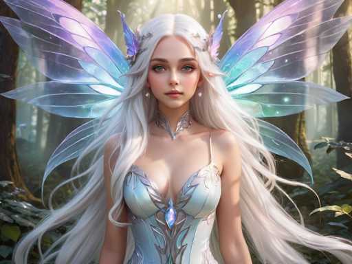 The image depicts a highly detailed, computer-generated fantasy character of a young woman with long, flowing white hair that cascades down to her waist. She has striking blue eyes and is adorned with a silver tiara featuring leaf-like decorations. Her attire is a light blue, strappy dress with intricate silver and leaf patterns, complemented by a matching choker necklace. She also has delicate, translucent wings in shades of purple, blue, and green extending from her back. The background is a lush forest with tall trees and dense foliage, through which sunlight filters, casting a magical glow on the scene. The overall composition suggests a whimsical, fairy-like presence in a serene natural setting.