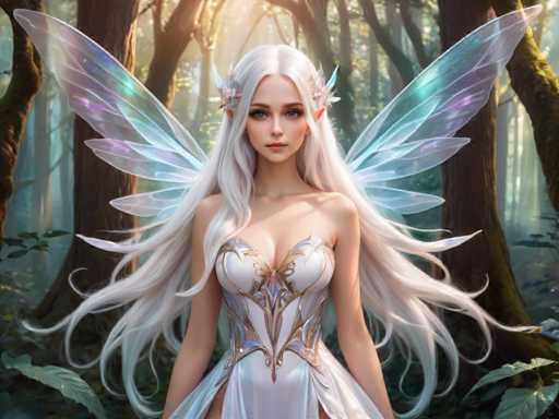 The image depicts a highly detailed, computer-generated fantasy scene featuring a young fairy-like woman standing in the center of a dense forest. She has long, flowing white hair that cascades down to her waist, with a few strands elegantly draped over her shoulders. Her skin is very pale, and she has striking blue eyes and pink lips. Adorning her ears are delicate flower-like earrings, and her hair is further embellished with flowers on the sides.

The fairy is dressed in a form-fitting, sleeveless dress that is primarily white with intricate gold and blue patterns. The dress features a butterfly design on the chest and has a low-cut neckline, revealing some cleavage. She also has large, translucent wings that extend from her back, displaying a beautiful mix of blue, purple, and pink hues. The wings are spread out, with the top pair being more transparent and the lower pair slightly more opaque.

The background is a lush, dense forest with tall trees and a ground covered in green leaves. Sunlight filters through the canopy, casting a warm glow on the fairy and illuminating the surrounding foliage. The overall scene is serene and magical, capturing the ethereal beauty of the fairy in her woodland domain.