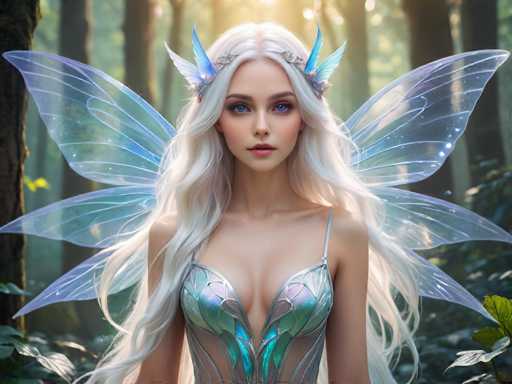 The image depicts a highly detailed, computer-generated or AI-generated scene of a fairy-like woman standing in a sunlit forest. The fairy has long, flowing white hair that cascades down to her waist, with a few strands draped over her shoulders. Her striking blue eyes and pink lips add to her ethereal appearance. She wears a silver, leaf-patterned dress with a single strap over her left shoulder, and her skin is very pale. Adorning her head are blue wings that match the color of her eyes, and she has additional blue wings sprouting from her ears. She also wears a silver tiara with blue accents. The fairy's wings are translucent with a slight blue tint, and she has six wings in total. The background features a sunlit forest with green leaves and brown tree trunks, creating a serene and magical atmosphere.