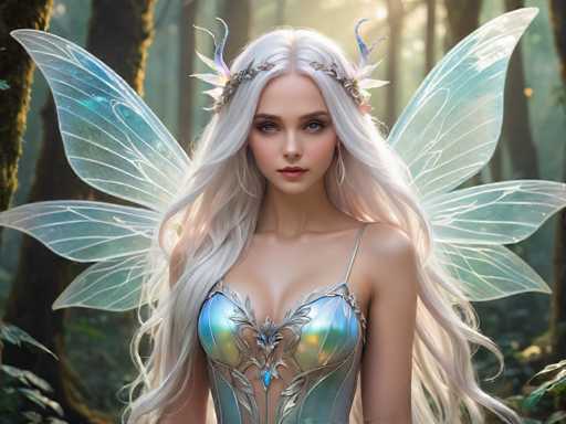 The image portrays a highly detailed, computer-generated or AI-generated fantasy scene featuring a young woman who appears to be a fairy or elf. She has long, flowing white hair that cascades down to her waist, with a few strands curling around her face. Her striking blue eyes and pink lips add to her ethereal beauty. She is adorned with a silver tiara or crown, intricately designed with flowers and leaves, and a silver headband that complements her attire. 

Her outfit is a shimmering, iridescent dress with a blue and green metallic sheen, embellished with silver leaf patterns and a prominent blue jewel at the center. The dress is low-cut, revealing a hint of cleavage, and features a single strap over her left shoulder. 

She has four translucent wings, two on each side, that are light blue with white veins, giving them a delicate and intricate appearance. The background is a blurred forest scene with tall trees, green leaves, and moss-covered trunks, creating a mystical and enchanting atmosphere. The sunlight filters through the trees, casting a warm glow on the fairy and enhancing the overall magical feel of the image.