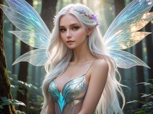 The image depicts a highly detailed, computer-generated or AI-generated fantasy scene featuring a young woman with long, flowing white hair that cascades down to her waist. She has striking blue eyes and is adorned with a delicate floral crown made of purple flowers and green leaves. Her attire is a shimmering silver dress with intricate leaf-like patterns, and it features a bright blue feather-like design at the center. She possesses four translucent, light blue wings that extend from her back, adding to her ethereal appearance. The background is a lush, sunlit forest with tall trees, green leaves, and patches of grass, creating a serene and magical atmosphere. The woman stands in the center of the image, looking directly at the viewer, her expression serene and captivating.