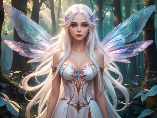 The image depicts a highly detailed, computer-generated fantasy scene featuring a young fairy-like woman with long, flowing white hair that cascades down to her waist. She has striking blue eyes and is adorned with purple flowers in her hair, which also includes orange tips. Her attire is a white dress embellished with intricate bronze and copper-colored designs, including a butterfly motif on her chest. She has delicate, translucent wings that shimmer with hues of purple, blue, and white, extending from her back. The fairy stands in a lush forest setting, surrounded by tall trees and vibrant green leaves, with sunlight filtering through the canopy, casting a magical glow around her. The overall scene exudes a sense of enchantment and ethereal beauty, reminiscent of a high-quality video game or animated movie.