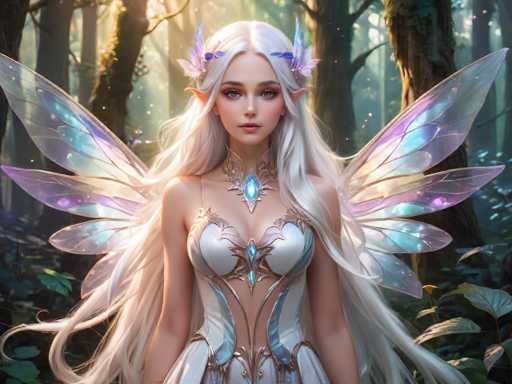 This digital artwork depicts a young fairy with long, flowing white hair adorned with blue and purple flowers. She has pointed ears and striking blue eyes, complemented by pink lips. The fairy is dressed in an elaborate white gown with intricate gold and blue trim, featuring a low-cut neckline and a corset-like bodice. A prominent blue jewel sits at her throat, and another adorns the center of her chest. She also wears a matching blue and purple necklace. Her wings are a mesmerizing blend of purple, blue, and white, shimmering with iridescent hues. The fairy stands in a lush forest, surrounded by tall trees and dense foliage, with sunlight filtering through the canopy, casting a magical glow around her.