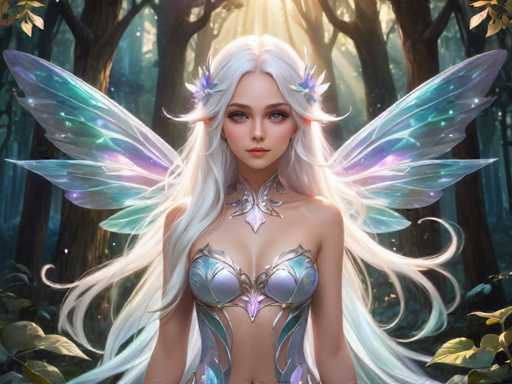 The image depicts a highly detailed, computer-generated fantasy fairy set in a lush forest. The fairy has long, flowing white hair adorned with blue and purple flowers, and her striking blue eyes are framed by thick eyebrows. She wears a shimmering silver and purple dress that leaves her midriff exposed, and a matching silver and purple necklace. Her delicate, translucent wings, which are a blend of blue, purple, and green hues, extend gracefully from her back. The fairy stands at the center of the image, looking directly at the viewer with a serene expression. Surrounding her are tall trees with brown trunks and green leaves, while the forest floor is dotted with green plants and leaves. Sunlight filters through the trees, casting a warm glow on the fairy and illuminating the scene with a soft, ethereal light. The overall color palette includes shades of green, brown, white, blue, purple, pink, and gray, enhancing the magical and enchanting atmosphere of the image.