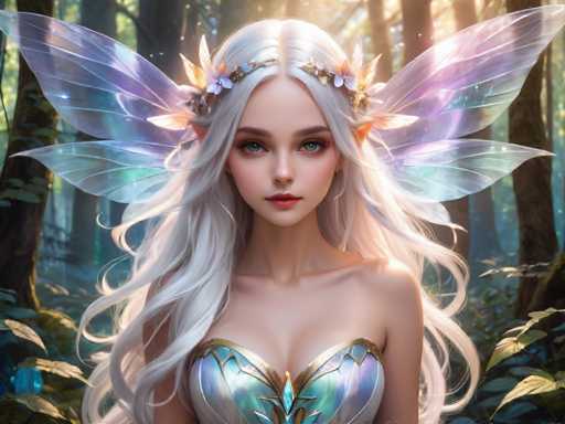 The image depicts a highly detailed, computer-generated fantasy character of a fairy princess with long, wavy white hair cascading down to her waist. She has striking blue eyes and a delicate, pointed nose, complemented by a small mouth adorned with pink lipstick. Her ears are pointed, adding to her ethereal appearance. She wears a silver tiara adorned with flowers and leaves, and her hair is styled in a half-up, half-down manner. 

Her attire is a shimmering silver dress with a low neckline, embellished with gold trim and intricate leaf-like patterns. The dress features a prominent blue gem at the center of her chest. She also has four pairs of translucent, leaf-shaped wings in shades of purple, blue, and green, extending from her back.

The background sets a magical forest scene with tall trees, lush green leaves, and a ground covered in greenery. Sunlight filters through the trees, casting a warm glow on the fairy princess and highlighting her serene expression as she gazes directly at the viewer.
