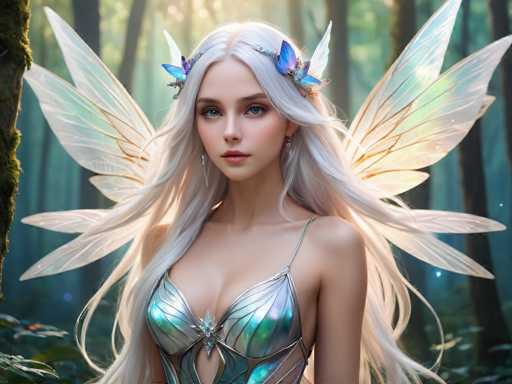 The image depicts a highly detailed, computer-generated or AI-generated fantasy scene featuring a young woman with long, flowing white hair. She is adorned with a silver, leaf-like bra that has a low neckline and thin straps over her shoulders. Her hair is decorated with two blue butterflies on either side of her head, and she wears silver earrings. The woman has striking blue eyes and pink lips, and her expression is serious as she gazes directly at the viewer. She has large, translucent white wings with brown veins, resembling those of a fairy, extending from her back. The background is a lush forest with tall trees, green leaves, and a ground covered in greenery. Sunlight filters through the trees, casting a warm glow on the scene. The overall color palette includes shades of blue, green, white, and brown, enhancing the ethereal and magical atmosphere of the image.