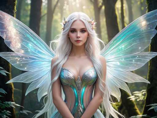 This image depicts a highly detailed, computer-generated or AI-generated fantasy scene featuring a young woman with long, flowing white hair that cascades down to her waist. She has striking blue eyes and is adorned with a delicate silver tiara, embellished with small flowers or jewels. Her attire is a form-fitting, metallic blue and silver corset that accentuates her figure, leaving her arms bare. She also has large, translucent blue and white wings extending from her back, adding to her ethereal appearance. The background is a lush, sunlit forest with tall trees and green foliage, through which sunlight filters, creating a magical ambiance. The overall composition suggests she is a fairy or some other mythical creature from a fantasy realm.