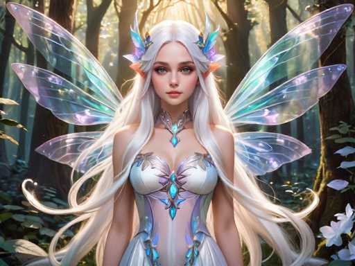 The image is a detailed, computer-generated illustration of a young fairy-like woman standing in a lush forest. She has long, flowing white hair that cascades down to her waist, with a few strands curling around her. Her striking blue eyes and pink lips add to her ethereal beauty. She is adorned with a silver choker necklace featuring a blue gem, and her dress is a shimmering combination of white, purple, and blue, embellished with intricate blue and purple jewels. Her attire includes a bustier top and a flowing skirt, both decorated with floral patterns and blue gems. She has four pairs of translucent wings on each side, shimmering with hues of purple, blue, and green. The background is a dense forest with tall trees, their trunks stretching upwards, and a dappled sunlight filtering through the leaves, casting a magical glow on the scene. The fairy appears serene and content, standing amidst the natural beauty of the forest.
