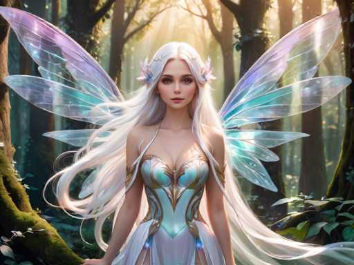This image is a highly detailed, computer-generated fantasy artwork depicting a fairy-like woman standing in a lush forest. The fairy has long, flowing white hair adorned with pink flowers on either side of her head. Her large, translucent wings are a striking combination of purple, blue, and green hues, with some sections appearing almost clear. She is dressed in a form-fitting, light blue dress with gold accents, which reveals her shoulders and chest. The dress features a V-neckline and is complemented by a white skirt. The fairy's skin is very pale, and she has pink lips and blue eyes. She stands with her hands at her sides, looking directly at the viewer. The background showcases a dense forest with tall trees, some of which are draped with vines and moss, while sunlight filters through the canopy, casting a magical glow on the scene. The overall composition is vibrant and enchanting, capturing the ethereal essence of the fairy in her woodland domain.