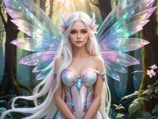 The image depicts a highly detailed, computer-generated fantasy character of a fairy princess set in a lush, sunlit forest. The central figure is a young woman with long, flowing white hair that cascades down to her waist, adorned with delicate pink and blue flowers. Her striking blue eyes and pink lips add to her ethereal beauty. She wears a form-fitting, sleeveless dress that is primarily pink with intricate gold and blue accents, including a prominent blue gem at the center of her chest. Her attire is complemented by shimmering, iridescent wings that are a blend of purple, blue, and pink hues, extending gracefully from her back. The background features a serene forest with tall trees, green leaves, and a few pink flowers, all illuminated by sunlight filtering through the canopy, creating a magical and enchanting atmosphere.