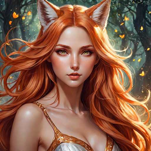 This image is a detailed digital illustration of a young woman with long, flowing red hair that cascades past her shoulders. She has striking green eyes and a fair complexion, complemented by a slight smile. Her ears are adorned with large, fox-like ears that are white on the inside and red on the outside. She is dressed in a white tank top with intricate gold embroidery along the straps and neckline, which reveals a hint of cleavage. The background features a dark, shadowy forest with tall trees, and numerous orange butterflies flutter around her, adding a touch of whimsy to the scene. The overall composition is square, with the woman's face centered and her body slightly angled to the right.