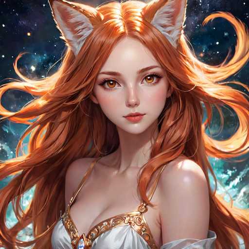 This image features a detailed, computer-generated illustration of a young woman with striking red hair and large, expressive brown eyes. She has a fair complexion and is adorned with white cat ears that have pink insides, adding a whimsical touch to her appearance. Her attire is a white dress with intricate gold trim, which complements her vibrant hair color. The background is a mesmerizing night sky filled with stars, creating a magical and enchanting atmosphere. The overall composition is square-shaped, with the woman's head positioned at the top and her body extending downwards, though her feet are not visible in the image. The scene evokes a sense of fantasy and wonder, reminiscent of characters from popular anime or video games.
