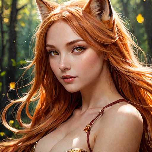 This image depicts a highly detailed, computer-generated or AI-generated fantasy character of a young woman with long, flowing red hair that cascades down to her chest. She has striking yellow eyes and is adorned with animal-like ears, possibly resembling those of a fox or cat, which are brown and white with black tips. Her face is framed by red eyebrows and she wears a subtle, almost neutral expression. The character is dressed in a gold top with a single red strap over her left shoulder, which features a small flower detail. The background is a blurred forest scene with green trees and yellow leaves, adding to the ethereal and magical atmosphere of the image.