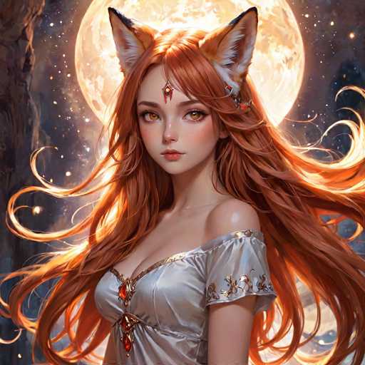 This detailed illustration depicts a young woman with long, flowing red hair that cascades down to her waist. She has striking amber eyes and a delicate, pale complexion. Adorning her forehead is a piece of jewelry featuring a red gem, adding a touch of elegance to her appearance. Her ears are adorned with fox-like ears, colored in shades of orange and white, with black tips, giving her a mythical or fantastical aura.

She is dressed in a silver nightgown that is low-cut, revealing a hint of cleavage. The nightgown is embellished with intricate gold embroidery along the neckline and sleeves, which are short and decorated with red gems. The garment appears to be made of a silky material, enhancing its luxurious look.

The background sets a magical scene with a large, glowing yellow moon that illuminates the night sky. Scattered across the sky are numerous stars, adding to the enchanting atmosphere. To the left of the woman, a tree trunk is visible, grounding the ethereal setting in a touch of nature. The overall composition exudes a sense of mystery and enchantment, drawing the viewer into this captivating world.