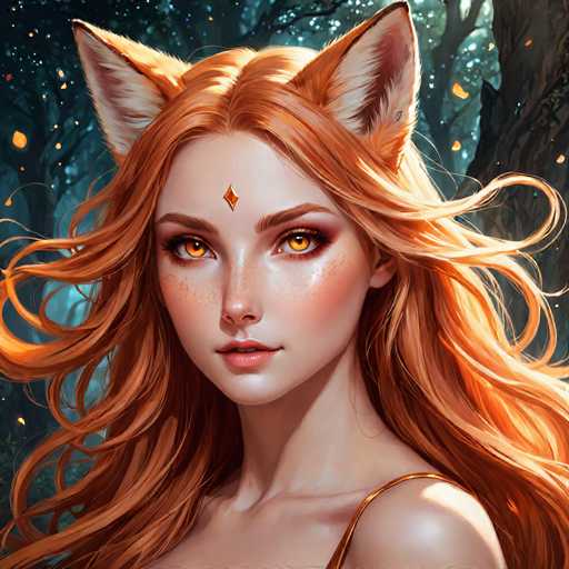This image is a detailed digital illustration of a young woman with long, flowing red hair that appears to be blowing in the wind. She has striking orange eyes and a diamond-shaped ornament on her forehead. Her face is adorned with freckles, and she has a slight smile. The woman is wearing a thin gold strap over her left shoulder, suggesting she might be dressed in a dress or top. She also has fox-like ears, adding a fantastical element to her appearance. The background is a dark, starry night sky with trees, creating a mystical atmosphere. The overall style of the image is reminiscent of a fantasy video game or an anime, with a focus on the woman's enchanting and otherworldly features.