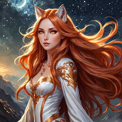 The image depicts a highly detailed, computer-generated fantasy character of a young woman with long, flowing red hair that cascades down her back. She has striking, glowing orange eyes and is adorned with white fox ears that have a hint of gray fur inside. Her attire is a white dress intricately decorated with gold embroidery, featuring a low-cut neckline and long sleeves. The dress is embellished with various jewels, including red, yellow, and blue stones, and a prominent red pendant hangs from her neck. The character stands against a dramatic backdrop of a starry night sky, with a crescent moon partially obscured by clouds. Below her, the landscape reveals a rugged mountain range, with the sun either rising or setting, casting a warm glow over the scene. The overall composition exudes a mystical and enchanting atmosphere.