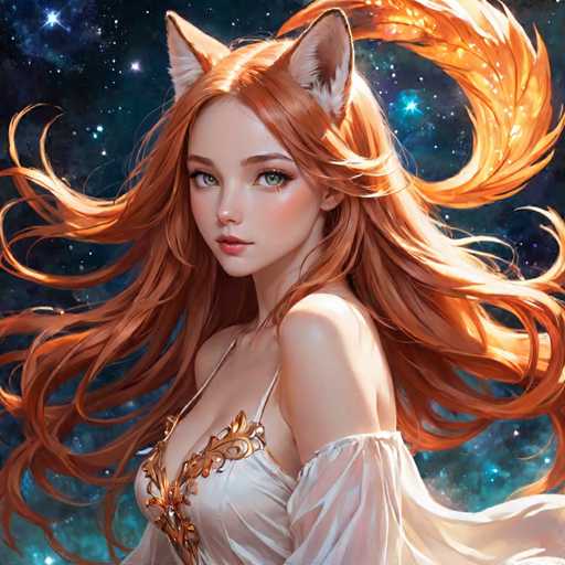 This image features a highly detailed, computer-generated depiction of a young woman with striking red hair and matching red eyes. She is adorned with large, fox-like ears that are white on the inside, adding a whimsical touch to her appearance. Her attire is a white nightgown that is low-cut, revealing a hint of cleavage, and is embellished with intricate gold designs. The nightgown has one shoulder strap, while the other shoulder is bare, creating a asymmetrical look. The fabric of the nightgown appears to be flowing, as if caught in a gentle breeze. The background is a mesmerizing, starry night sky, filled with numerous stars, enhancing the ethereal and magical atmosphere of the scene.