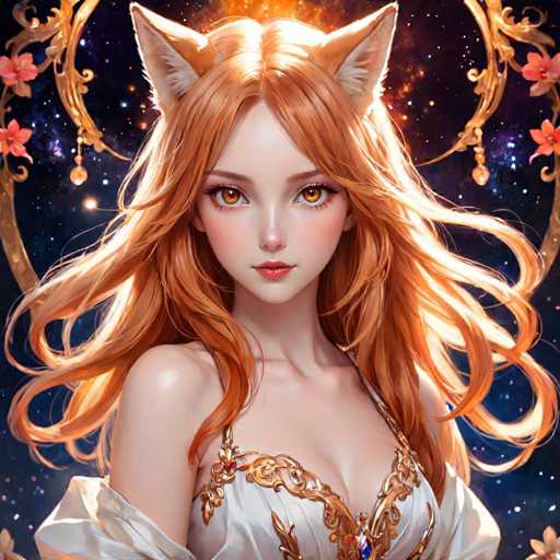 This image features a highly detailed, computer-generated anime-style character of a young woman with striking red hair and matching red eyes. She has a delicate, pale complexion and is adorned with fox-like ears that are white on the inside and red on the outside. Her attire is a low-cut, white dress embellished with intricate gold embroidery and a prominent blue gem at the center of her chest. The dress is off-the-shoulder, revealing her bare shoulders and arms. Surrounding her head is a golden archway decorated with pink flowers, adding a touch of elegance to the scene. The background is a mesmerizing night sky filled with stars, enhancing the ethereal and magical atmosphere of the image.