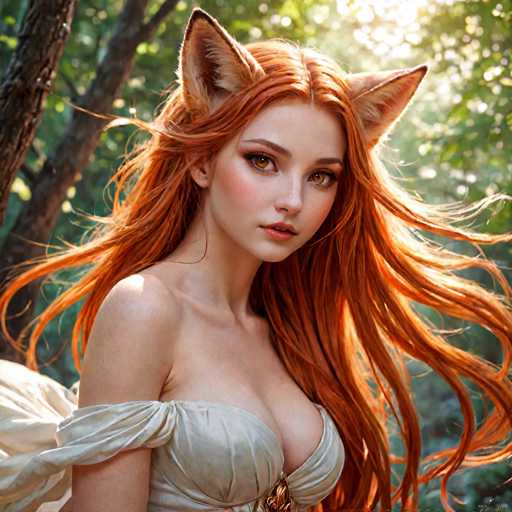 The image depicts a highly detailed, computer-generated or AI-generated fantasy character of a young woman with strikingly long, flowing red hair that cascades down to her waist. She has a fair complexion, accentuated by pink blush on her cheeks and pink lipstick. Her large, expressive brown eyes are framed by long eyelashes, and she has a slight, enigmatic smile on her face. Notably, she possesses large, pointed fox ears that are brown on the outside and white on the inside, adding a whimsical touch to her appearance. She is dressed in a light beige, strapless dress that reveals her shoulders and chest, with the fabric flowing elegantly around her. The background features a serene forest setting with sunlight filtering through the trees, casting a warm glow on her hair and the surrounding greenery. The overall scene exudes a magical, ethereal atmosphere, reminiscent of characters from fantasy stories like "The Lord of the Rings."