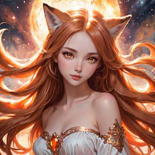 This image is a detailed, computer-generated illustration of a young woman with striking features. She has long, flowing red hair that cascades down to her waist, with a hint of orange at the tips. Her eyes are a captivating amber or golden-brown, and she has a small, delicate nose and full lips. The woman is adorned with fox ears that are white on the inside and orange on the outside, adding a whimsical touch to her appearance. She is dressed in a white gown that features intricate gold embroidery and a prominent orange gem at the center of her chest. The dress is off-shoulder, revealing her bare shoulders. The background is a mesmerizing cosmic scene with a large, glowing orange moon and a starry sky filled with various hues of blue, purple, and orange. The overall composition gives the impression of a fantastical, otherworldly being.
