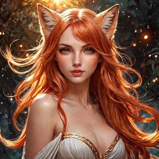 This image is a highly detailed, computer-generated illustration of a young woman with striking red hair and fox-like ears. She has long, flowing red hair that cascades down to her waist, with a bang partially covering her forehead. Her eyes are a captivating amber or golden-brown, and her lips are painted a soft pink. She has a fair complexion adorned with freckles on her cheeks and nose. She is dressed in a white, strapless dress that reveals her shoulders and upper chest, with a gold trim accentuating the neckline. The background features a dark, forest-like setting with trees and a sky filled with stars, creating a mystical atmosphere. The overall scene is vibrant and detailed, with the woman's face and upper body as the central focus.