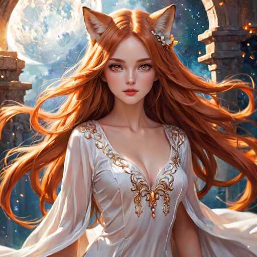 The image depicts a highly detailed, computer-generated or AI-generated artwork of a young woman with long, flowing red hair that cascades down to her waist. She has striking orange eyes and is adorned with a flower clip on the left side of her head. The woman is wearing a white, silky dress with intricate gold embroidery around the neckline and shoulders, which features a low-cut design. Her attire includes a cape-like garment that adds to her ethereal appearance. She stands in front of a large, luminous moon that dominates the background, casting a soft glow over the scene. The backdrop also includes a starry sky and a stone archway, enhancing the mystical atmosphere. The overall composition is rich in detail, with the woman's red hair and eyes contrasting beautifully against the serene, starry night.