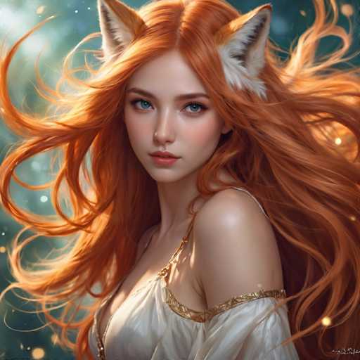 This image is a stunning, highly detailed digital artwork of a young woman with long, flowing red hair. The woman is depicted with a serene expression, her head slightly turned to the left, gazing directly at the viewer. Her striking blue eyes are accentuated by a soft application of makeup, including a subtle touch of red lipstick. She is adorned in a white dress that features intricate gold embroidery along the neckline and upper chest, adding a touch of elegance to her attire. The dress is low-cut, revealing a hint of her cleavage. Her right shoulder is bare, while her left shoulder is partially covered by the dress. The woman's hair is long, with a slight wave, and it appears to be gently flowing in the wind. Notably, she has two prominent red fox ears, each with a white interior, adding a fantastical element to her appearance. The background is a soft, blurred mix of green and blue hues, with scattered white dots that resemble stars, enhancing the dreamy atmosphere of the piece. The overall composition is square, with the woman's head positioned at the top center of the frame, creating a balanced and visually captivating image.