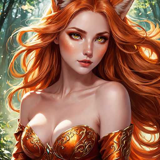The image depicts a highly detailed, computer-generated or AI-generated fantasy character of a young woman with long, flowing red hair that cascades down to her waist. She has striking yellow eyes, a fair complexion, and pink lips. Her attire is a golden-orange dress with intricate floral patterns and a low neckline that reveals some cleavage. The dress features a gem on the chest and extends up to her elbows, leaving her shoulders bare. She also has red fox ears protruding from the top of her head. The background is a lush, green forest with sunlight filtering through the trees, creating a magical atmosphere. The overall style of the image is reminiscent of a video game or animated movie, with a focus on the character's enchanting and ethereal appearance.